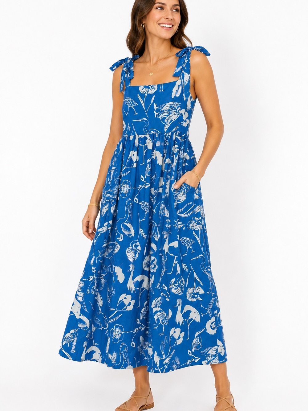 Oliphant Blue Tropical Bird Print Tie Strap Midi Dress Size M Pockets Resort